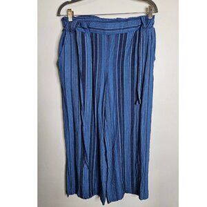 Indigo Rein Linen Blend Belted Cropped Pants Wide-Leg Blue Striped Women's Large